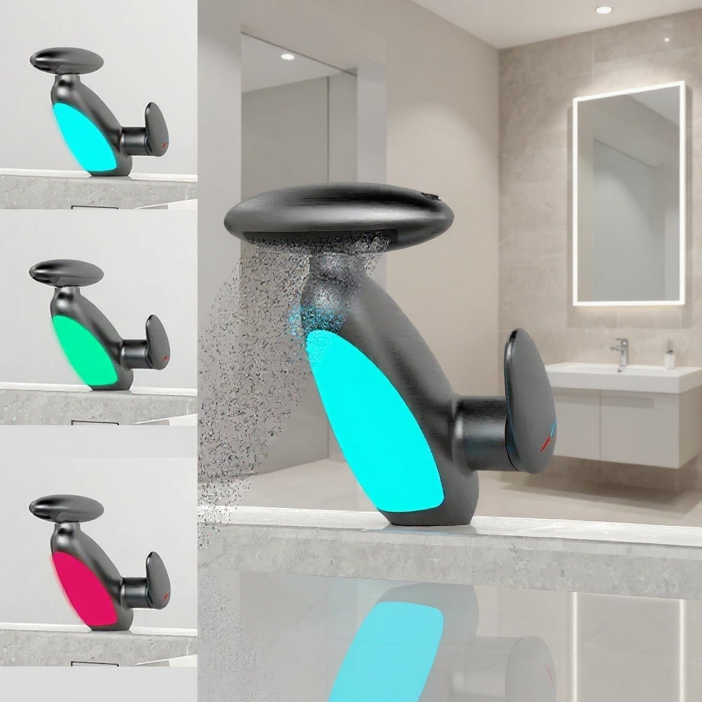 Large LED basin tap, 4 water outlets - hot and cold
