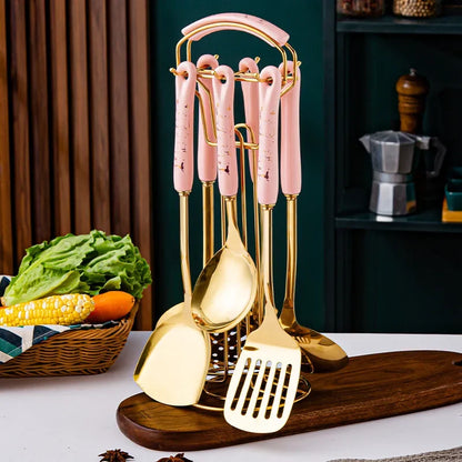 Stainless Steel Kitchen Utensil Set with Ceramic Handles – 7 Elegant & Durable Pieces