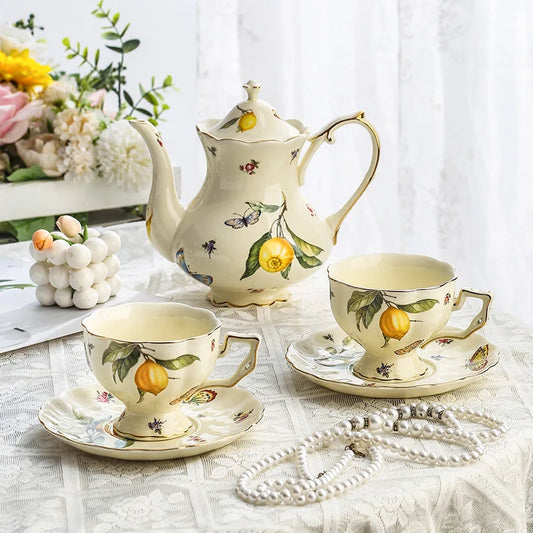 Vintage Lemon Teapot & Cup Set – Luxury Porcelain Tea/Coffee Service