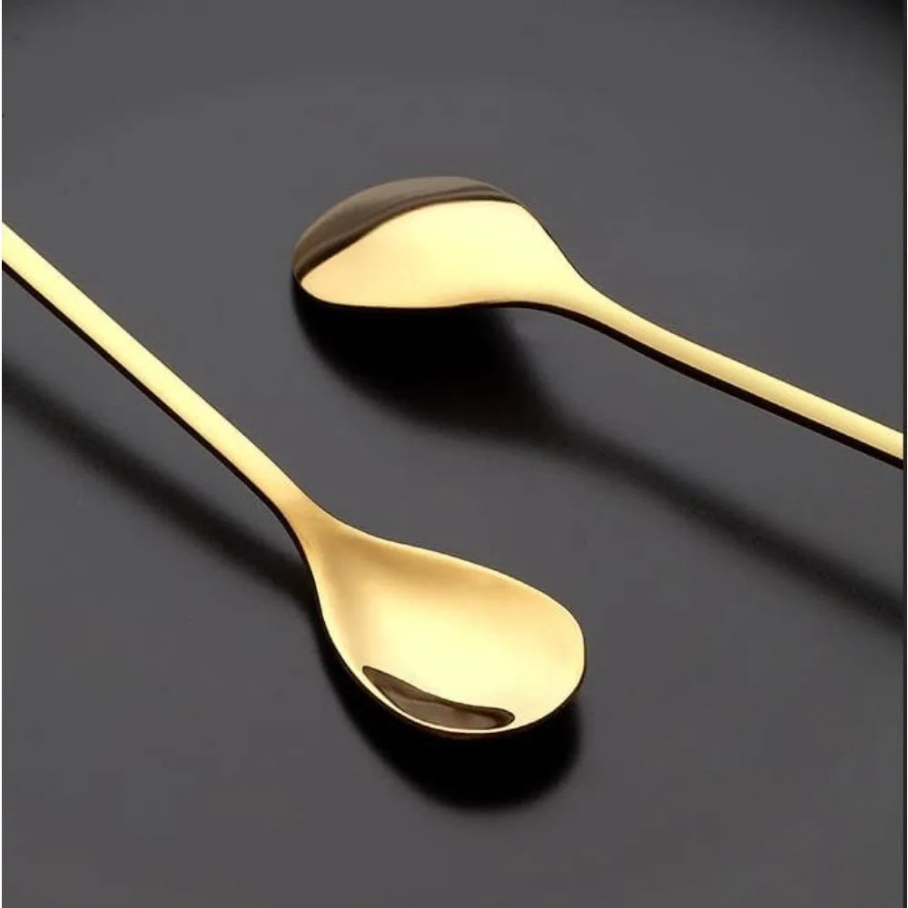Gold Leaf Teaspoon Set | 6pcs Long Handle Spoons for Coffee & Tea