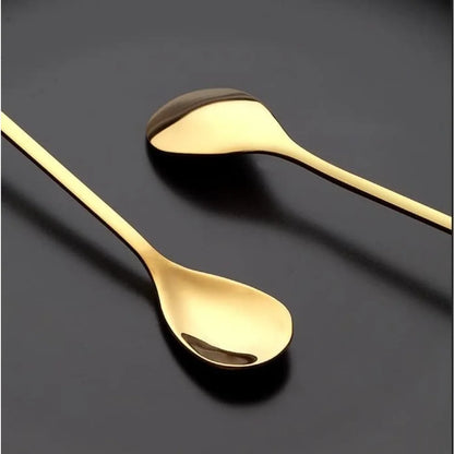 Gold Leaf Teaspoon Set | 6pcs Long Handle Spoons for Coffee & Tea