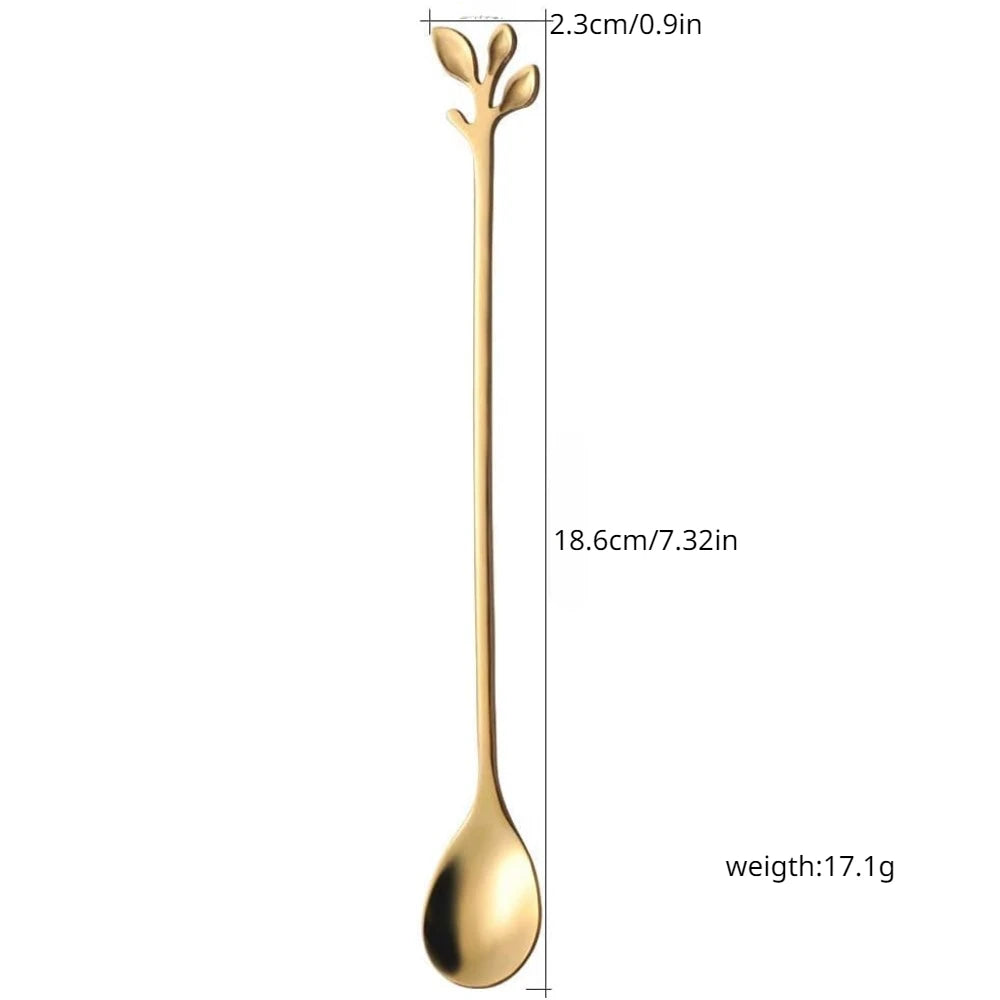 Gold Leaf Teaspoon Set | 6pcs Long Handle Spoons for Coffee & Tea