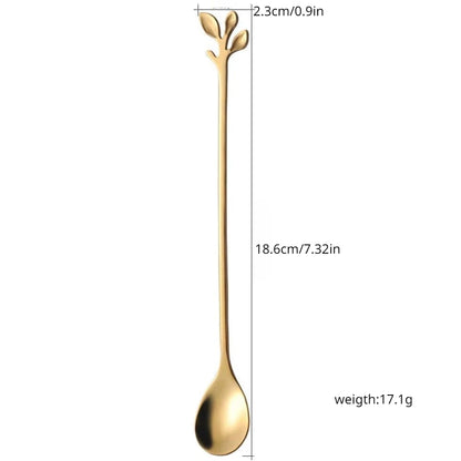 Gold Leaf Teaspoon Set | 6pcs Long Handle Spoons for Coffee & Tea