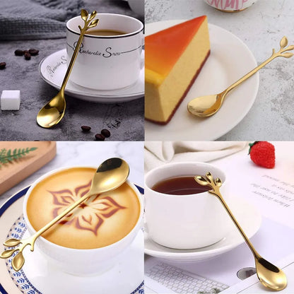 Gold Leaf Teaspoon Set | 6pcs Long Handle Spoons for Coffee & Tea
