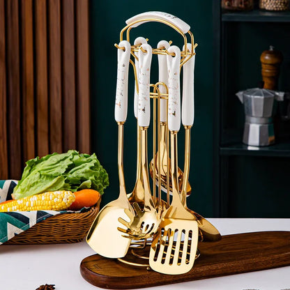 Stainless Steel Kitchen Utensil Set with Ceramic Handles – 7 Elegant & Durable Pieces