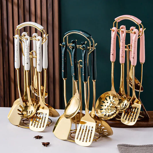 Stainless Steel Kitchen Utensil Set with Ceramic Handles – 7 Elegant & Durable Pieces