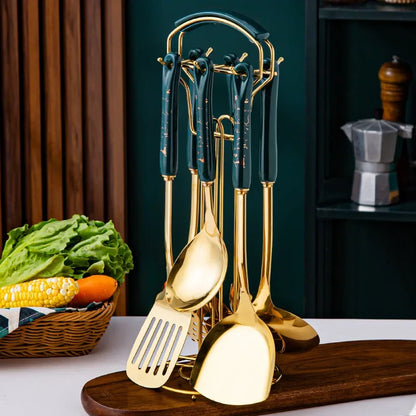 Stainless Steel Kitchen Utensil Set with Ceramic Handles – 7 Elegant & Durable Pieces