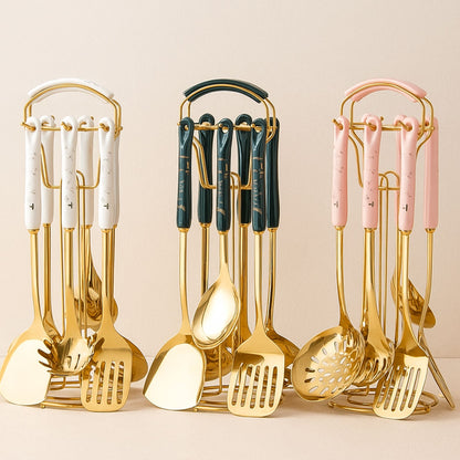 Stainless Steel Kitchen Utensil Set with Ceramic Handles – 7 Elegant & Durable Pieces