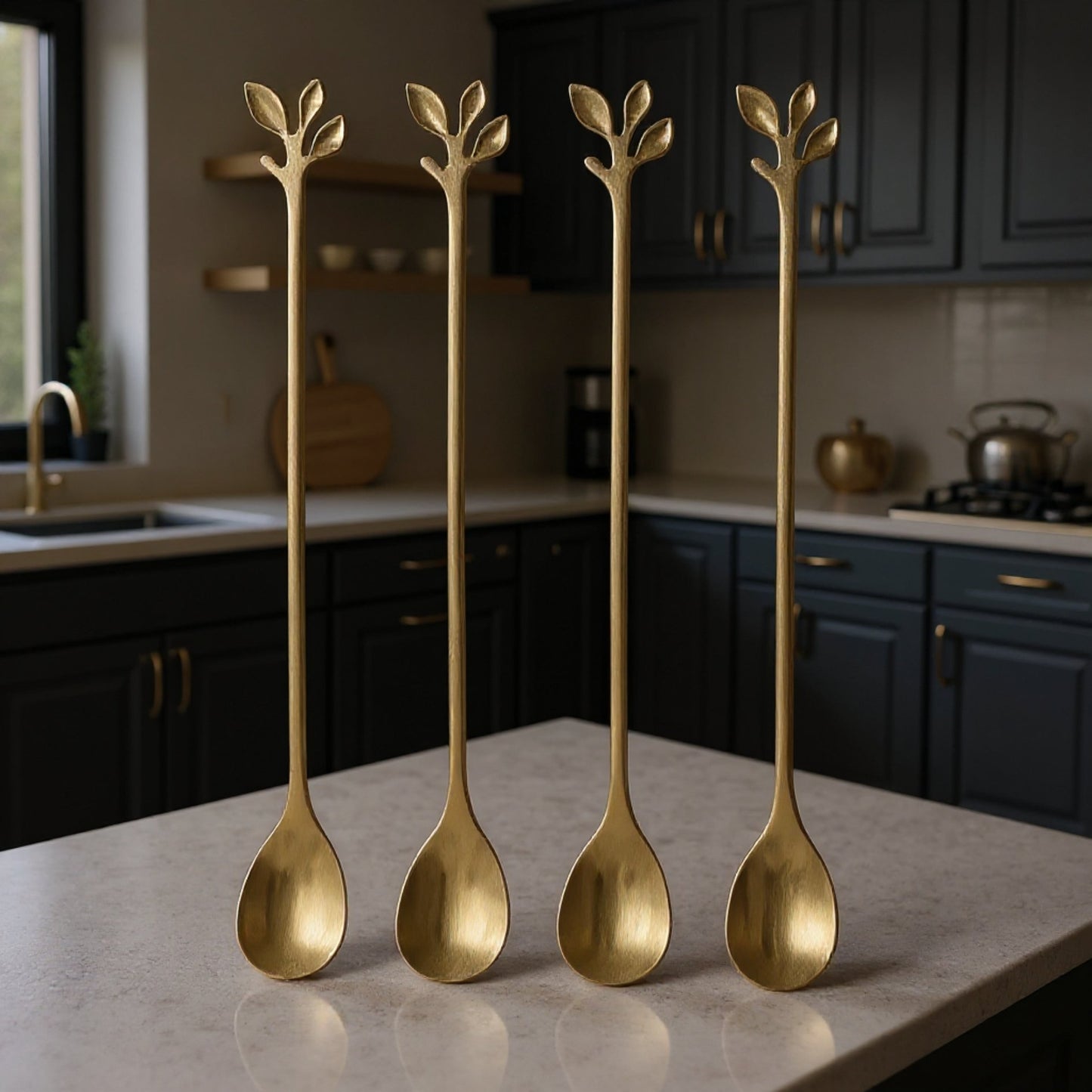 Gold Leaf Teaspoon Set | 6pcs Long Handle Spoons for Coffee & Tea
