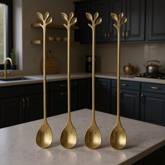 Gold Leaf Teaspoon Set | 6pcs Long Handle Spoons for Coffee & Tea